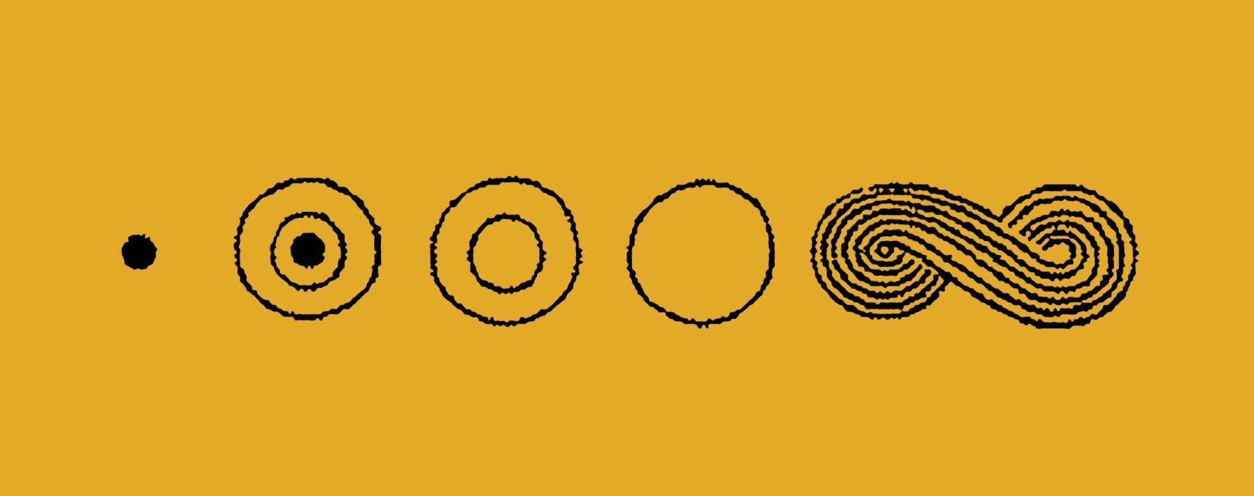 Mustard background with five sketched out circles and spirals