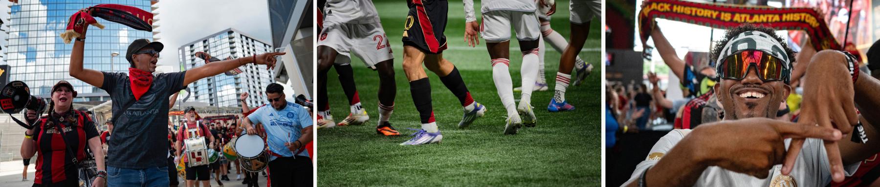 Three images by Sheila Pree Bright taken during soccer events, the first showing fans at an event in energetic pose, the second showing soccer players legs moving on the field, and the third with a man show using his hands to make a capital A with more fans behind him